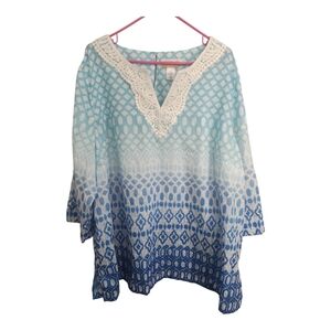 Alfred Dunner Woman Lace V Neck Semi Sheer Vacation Beach Resortwear Blouse 3x